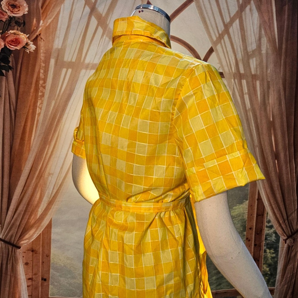 Vintage 1970s Dress Minidress Yellow Plaid Short Sleeve Buttons Pointed Collar - Picture 10 of 16